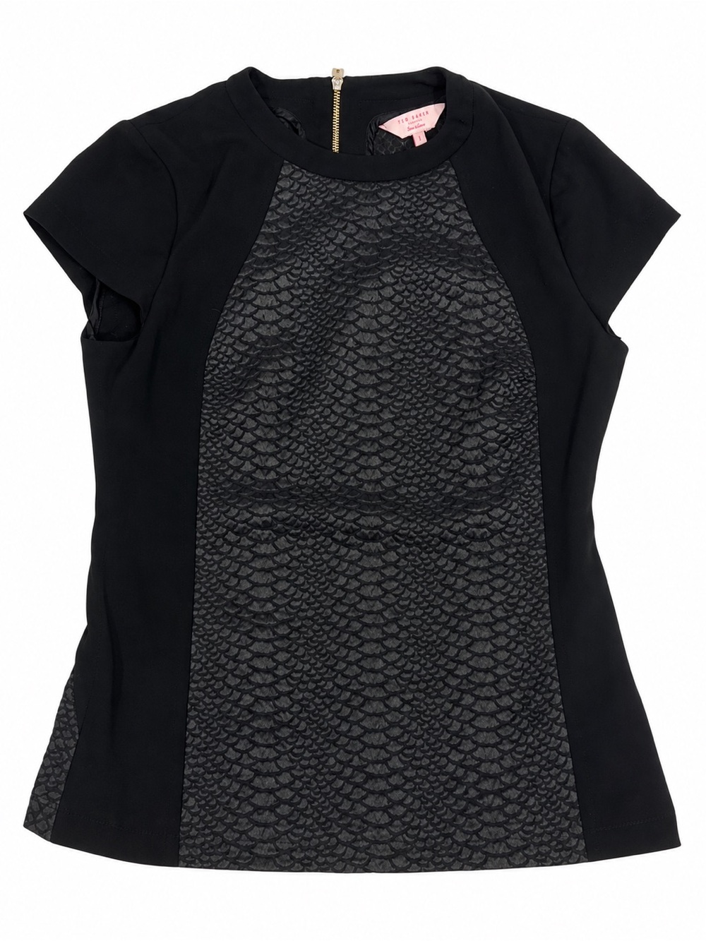 Ted Baker Black Heeley Women’s Top. Beautiful Crepe and Snakeskin Panel. Size 1